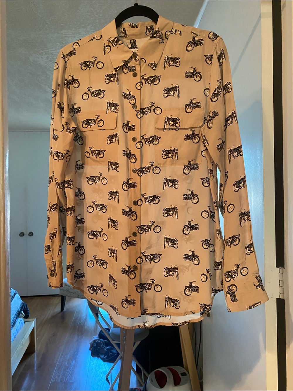Equipment Beige Button-Down Shirt with Black Motorcycle Print 100% Silk